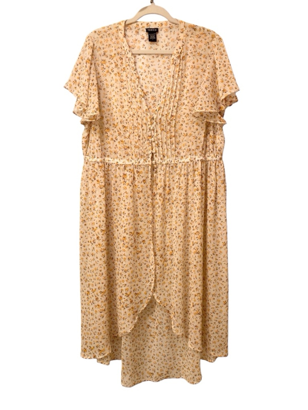 Torrid Floral High-Low Sheer Midi Dress in Soft Cream Yellow Floral Print Size 1 - Picture 2 of 15